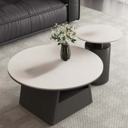 Modern Round Stone Coffee Table with Drawer — White