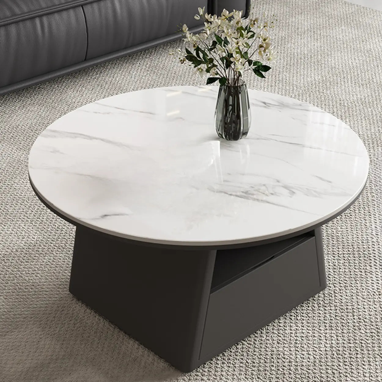 Modern Round Stone Coffee Table with Drawer