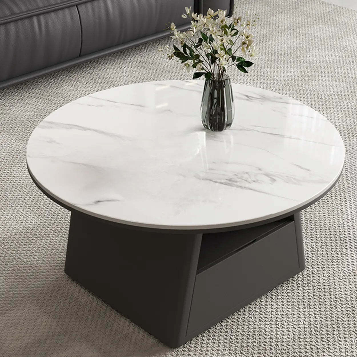 Modern Round Stone Coffee Table with Drawer