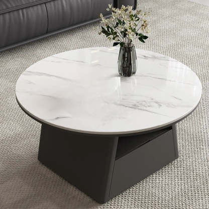 Modern Round Stone Coffee Table with Drawer