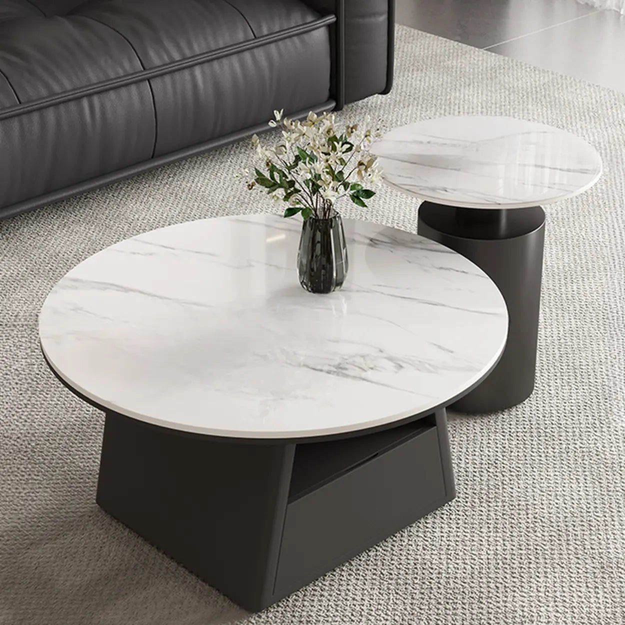Modern Round Stone Coffee Table with Drawer — White