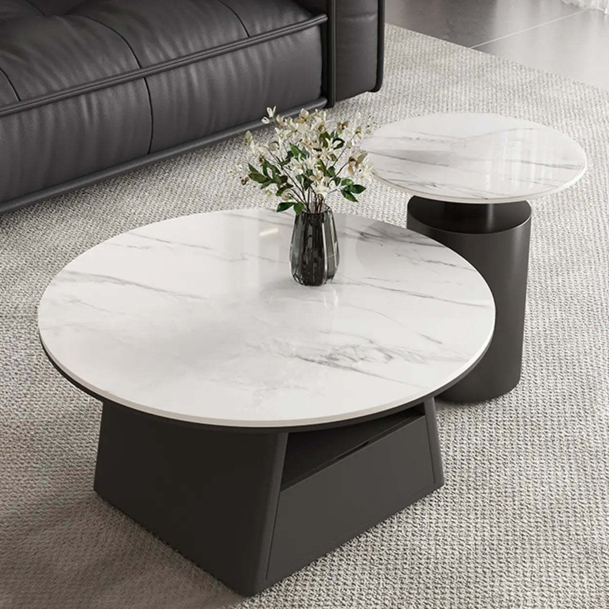 Modern Round Stone Coffee Table with Drawer — White