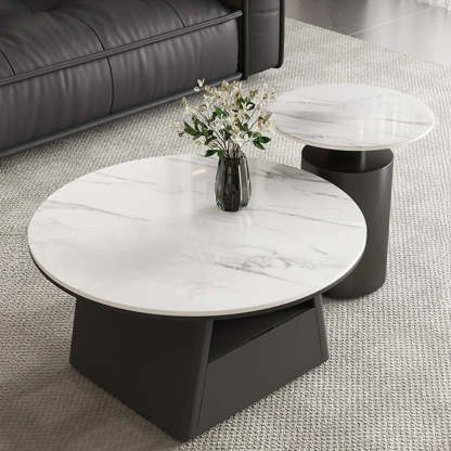 Modern Round Stone Coffee Table with Drawer — White