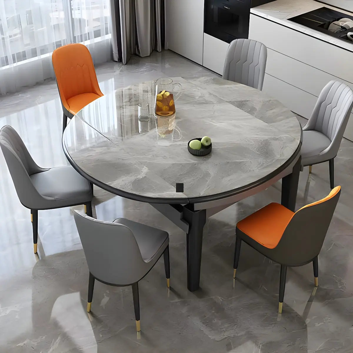 Modern Round Gray Marble Extendable Dining Table — Without Chairs / Gray