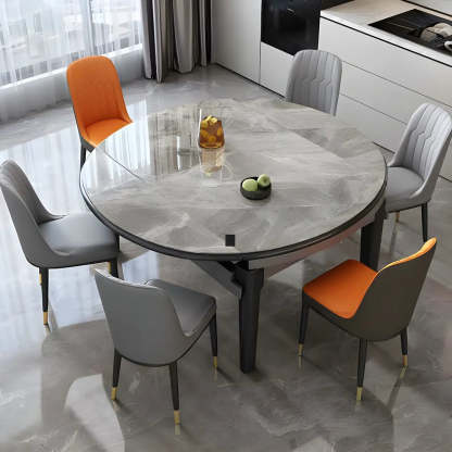 Modern Round Gray Marble Extendable Dining Table — Without Chairs / Gray