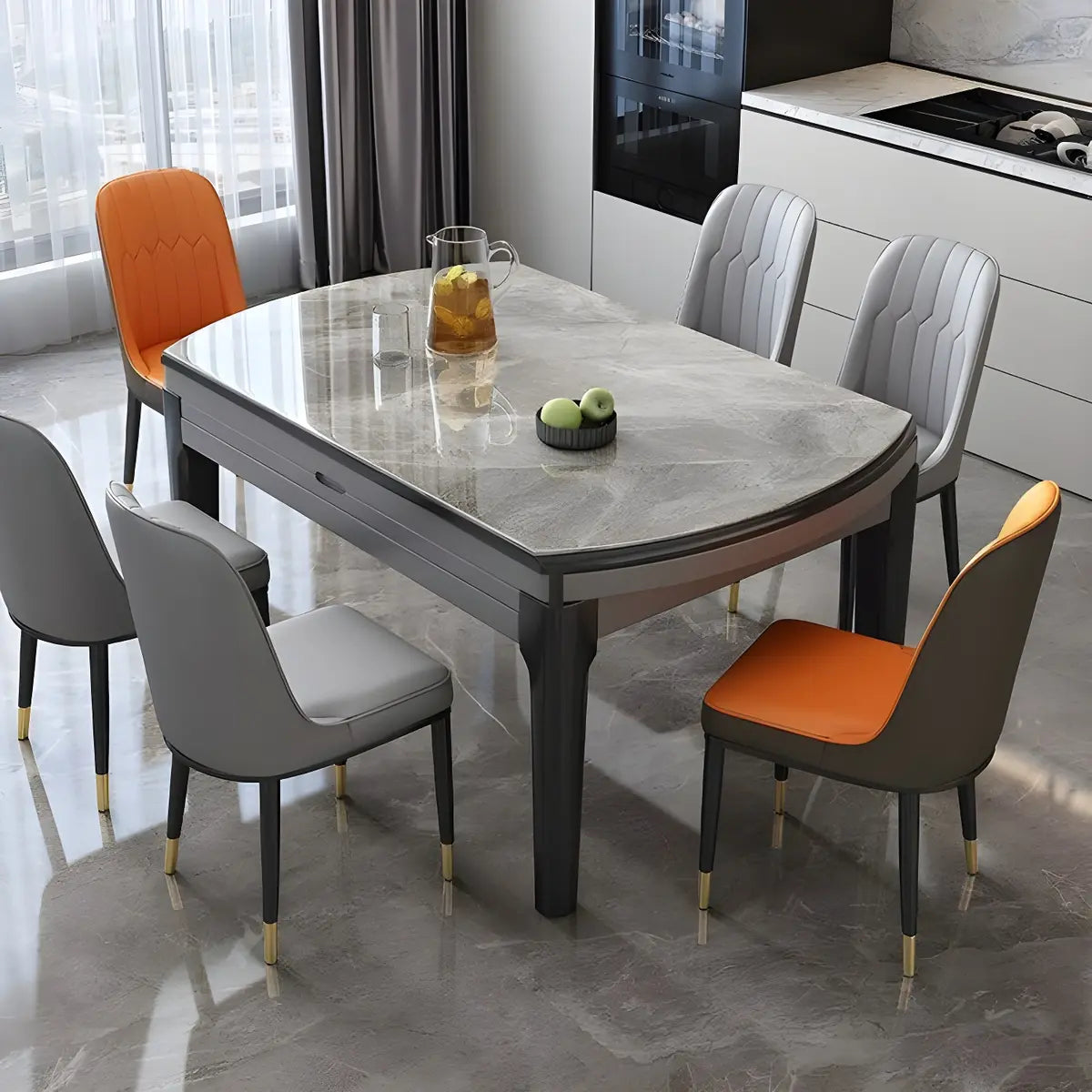 Modern Round Gray Marble Extendable Dining Table — Without Chairs / White