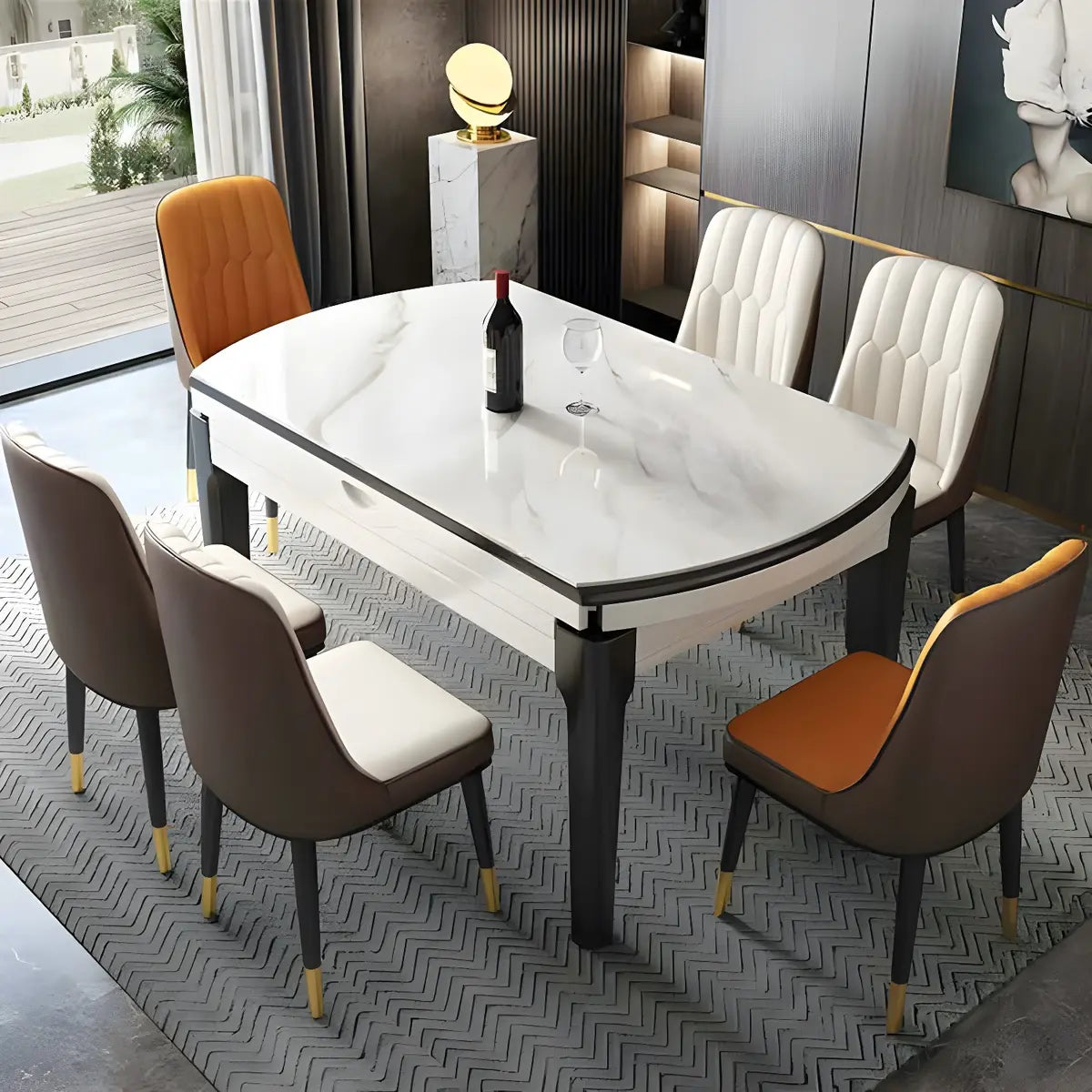 Modern Round Gray Marble Extendable Dining Table — Without Chairs / Gray