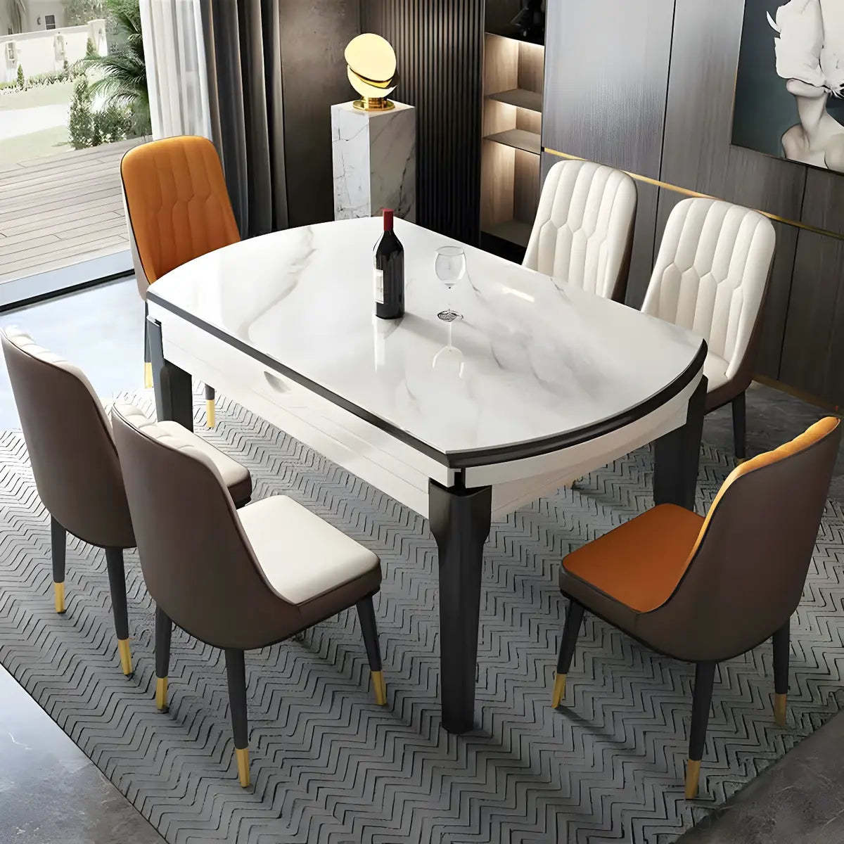 Modern Round Gray Marble Extendable Dining Table — Without Chairs / Gray