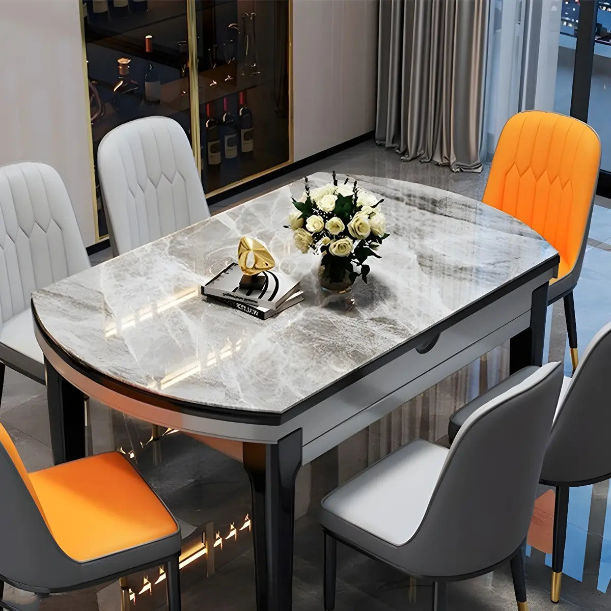Modern Round Gray Marble Extendable Dining Table — Without Chairs / White
