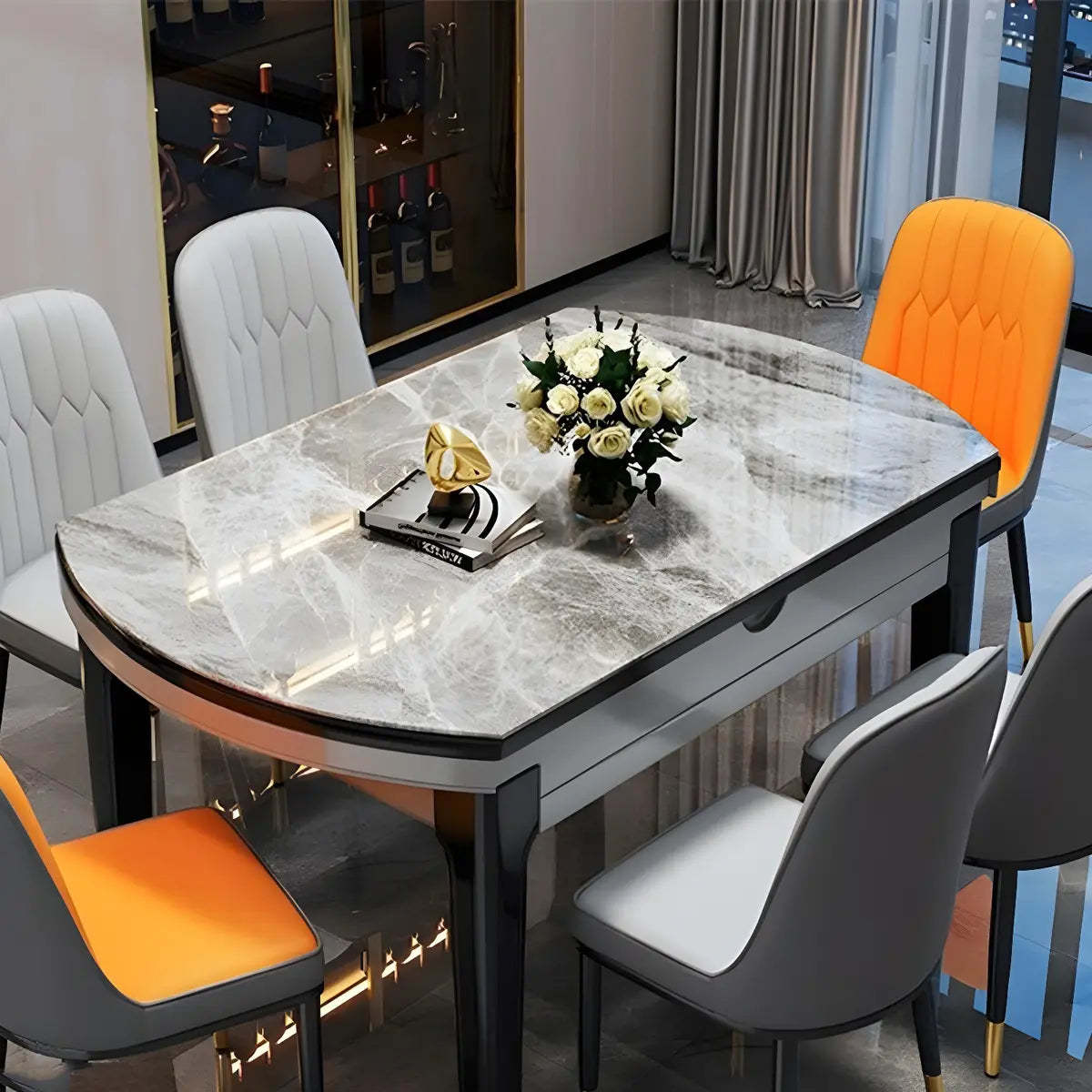 Modern Round Gray Marble Extendable Dining Table — Without Chairs / White