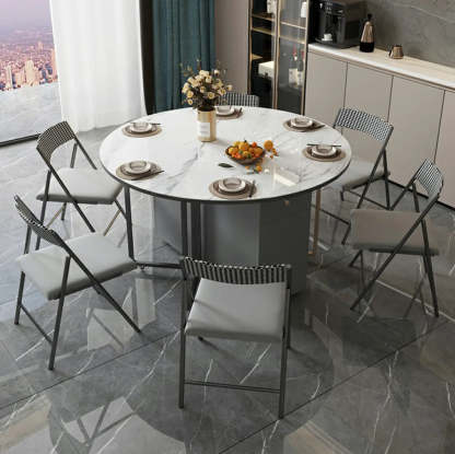 Modern White Round Stone Extendable Dining Table — White / Gray / Table Only