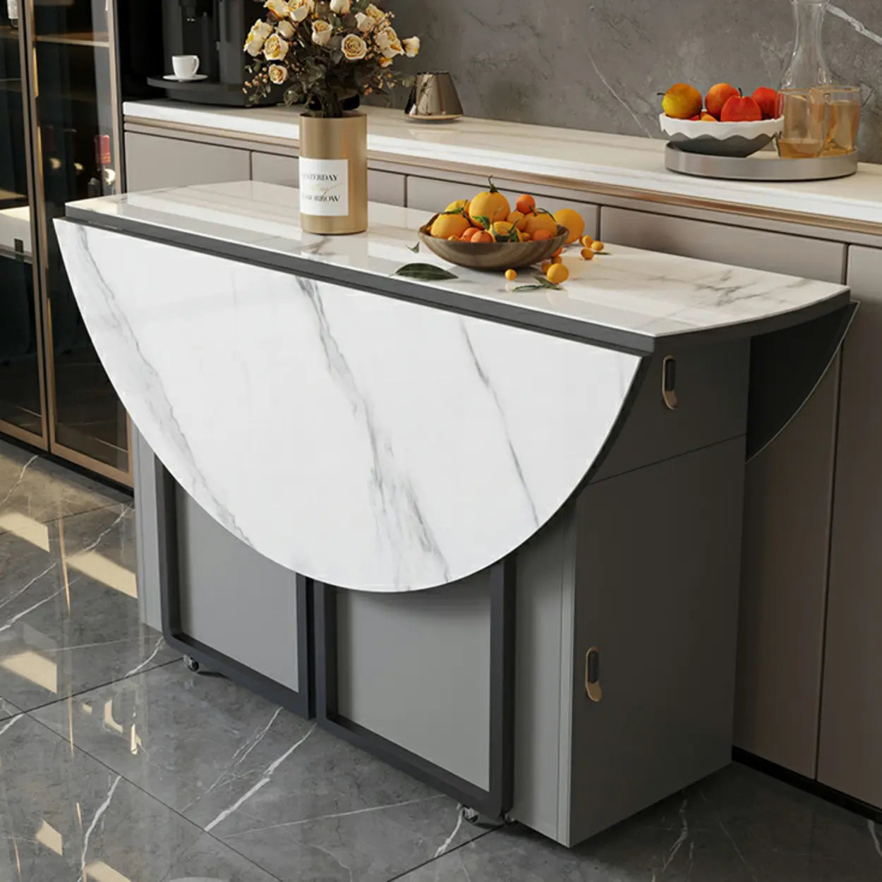 Modern White Round Stone Extendable Dining Table