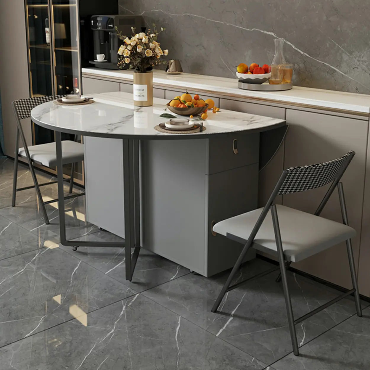 Modern White Round Stone Extendable Dining Table