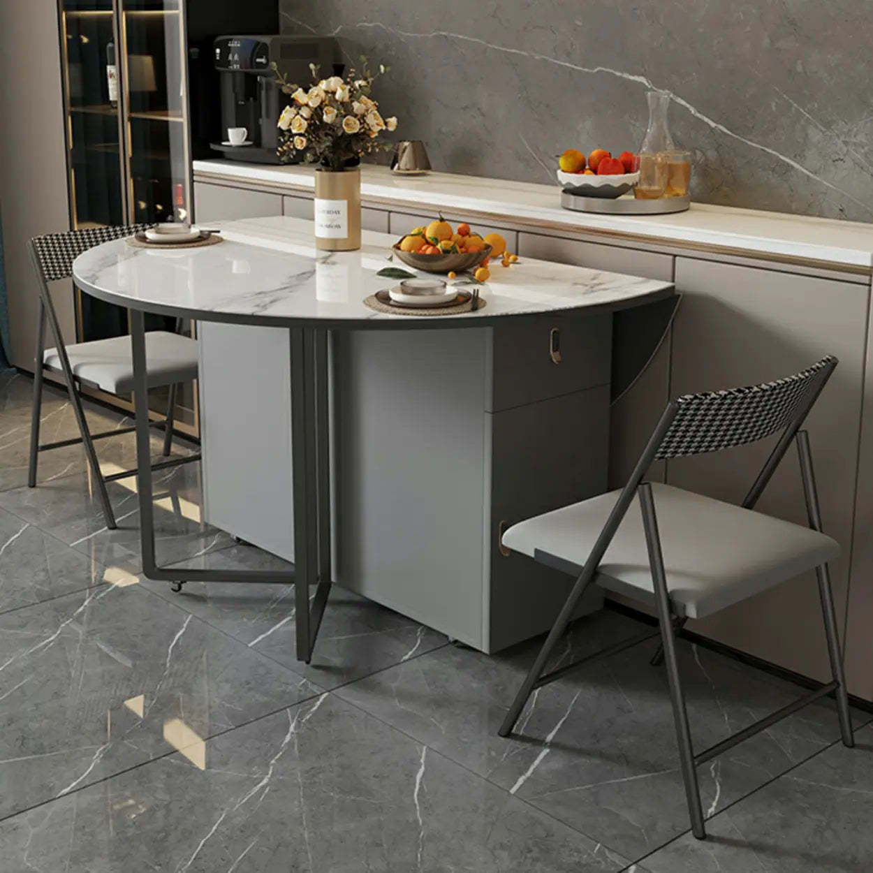 Modern White Round Stone Extendable Dining Table