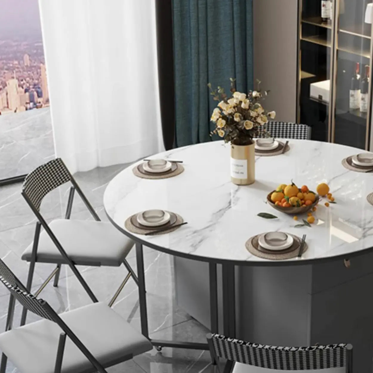 Modern White Round Stone Extendable Dining Table