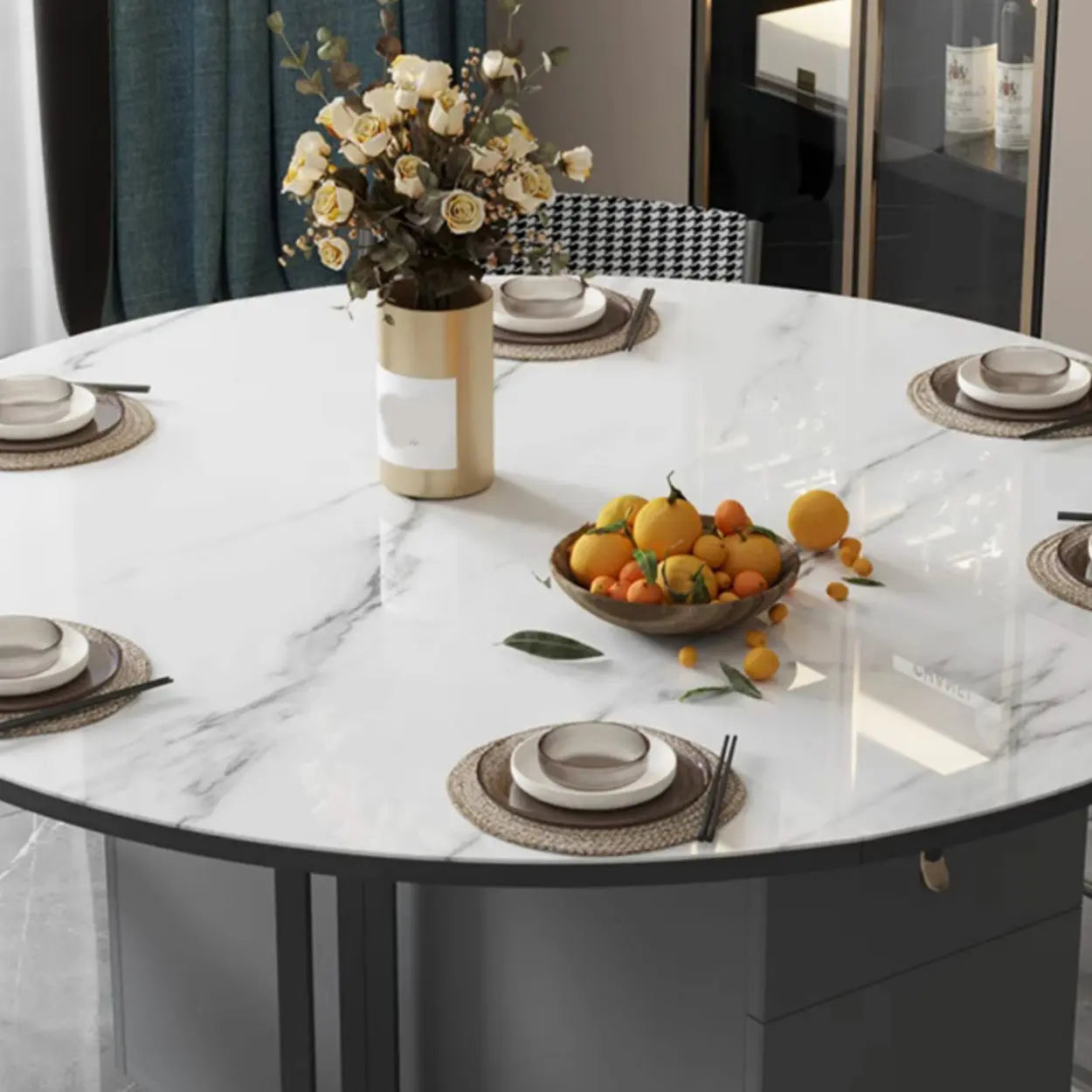 Modern White Round Stone Extendable Dining Table
