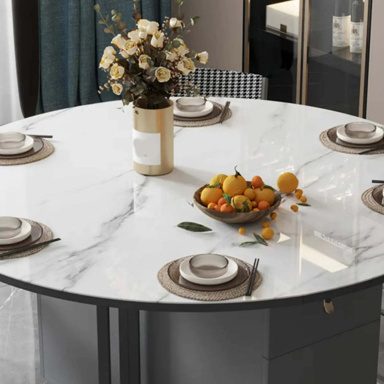 Modern White Round Stone Extendable Dining Table