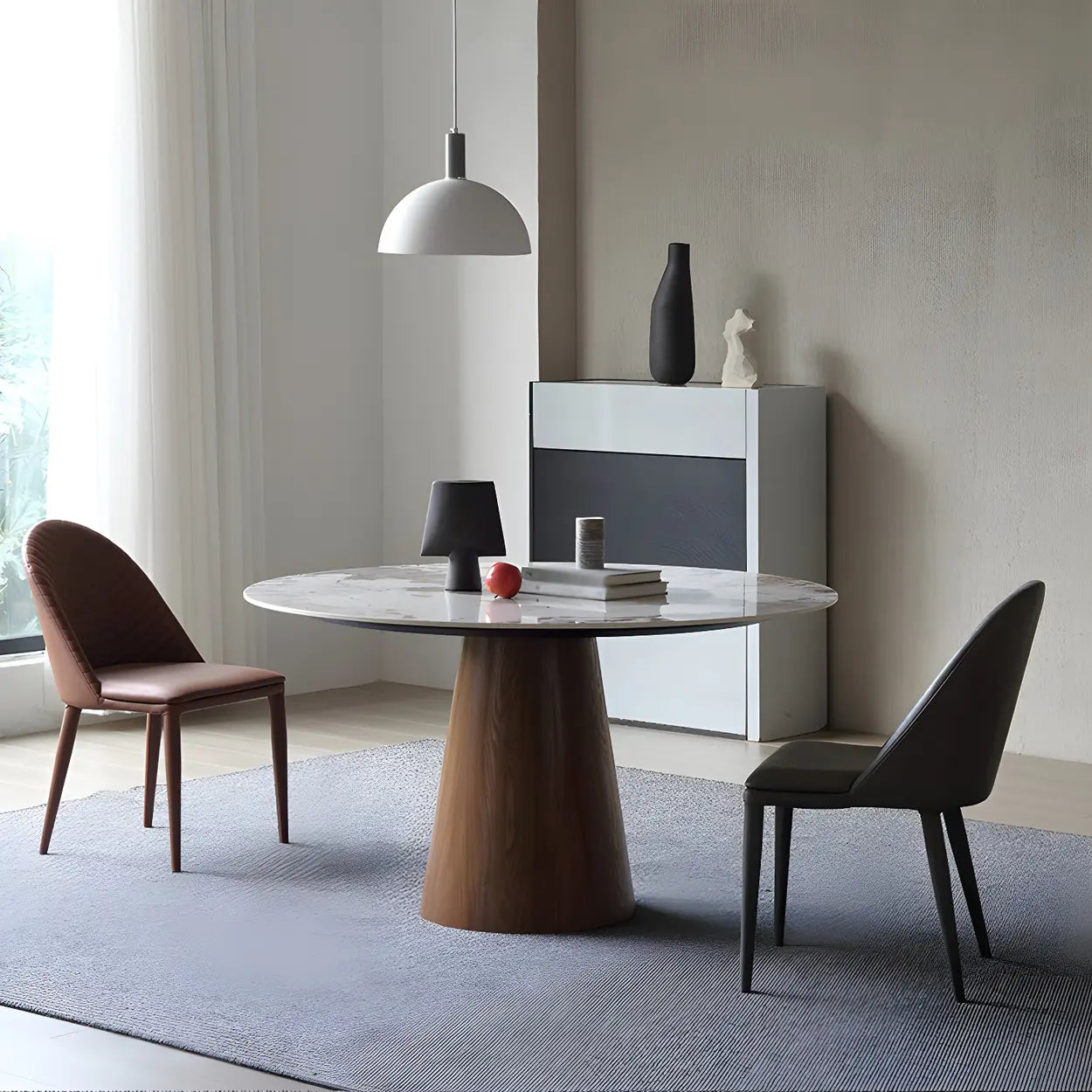 Round Gray Stone Dining Table with Wood Base