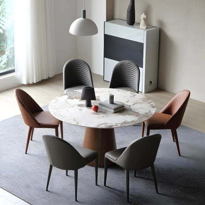 Round Gray Stone Dining Table with Wood Base — Table Only