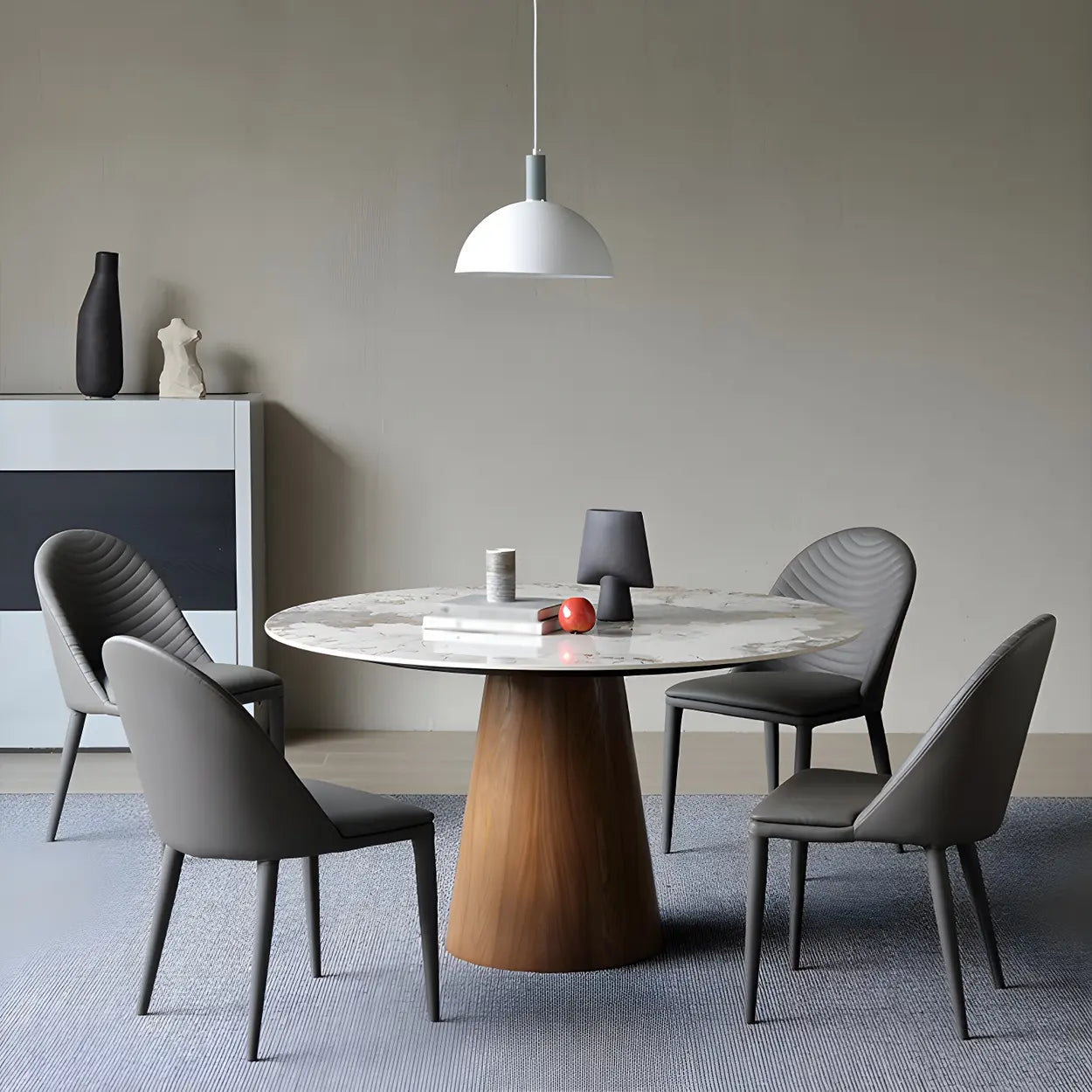 Round Gray Stone Dining Table with Wood Base — Table Only