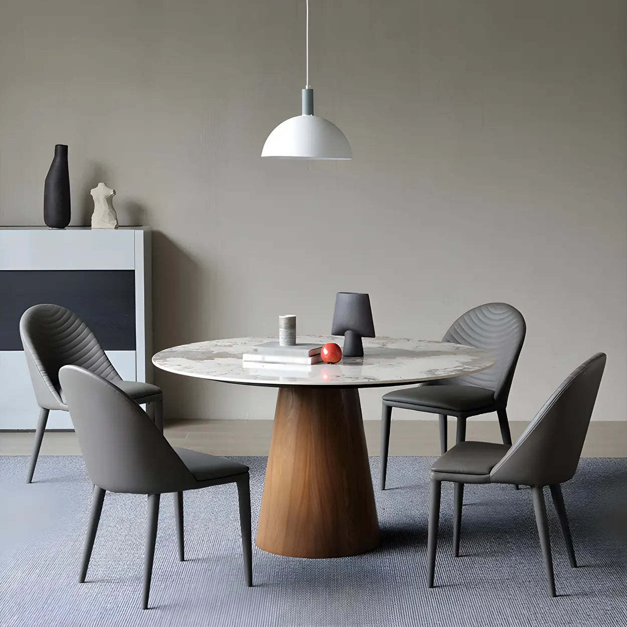 Round Gray Stone Dining Table with Wood Base — Table Only