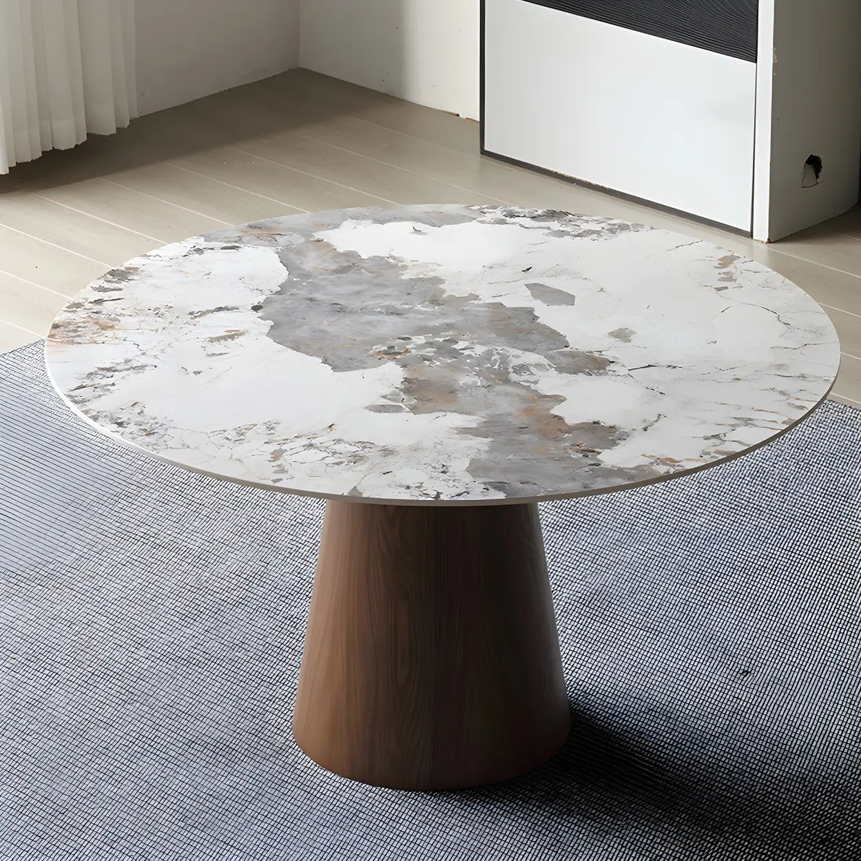 Round Gray Stone Dining Table with Wood Base