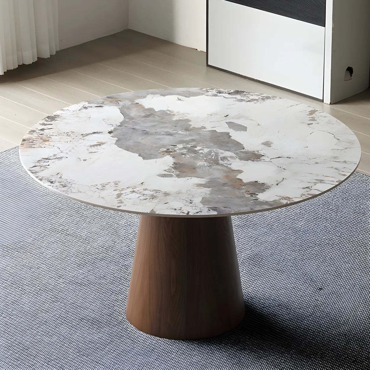 Round Gray Stone Dining Table with Wood Base
