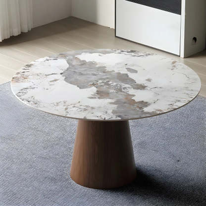 Round Gray Stone Dining Table with Wood Base