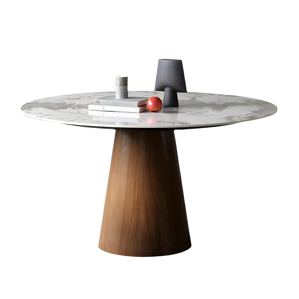Round Gray Stone Dining Table with Wood Base