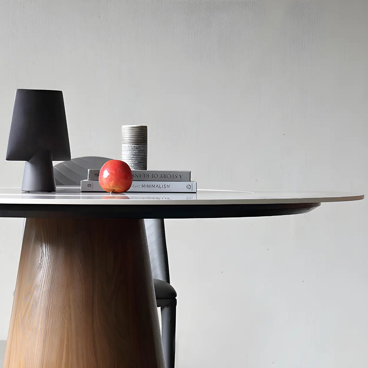 Round Gray Stone Dining Table with Wood Base