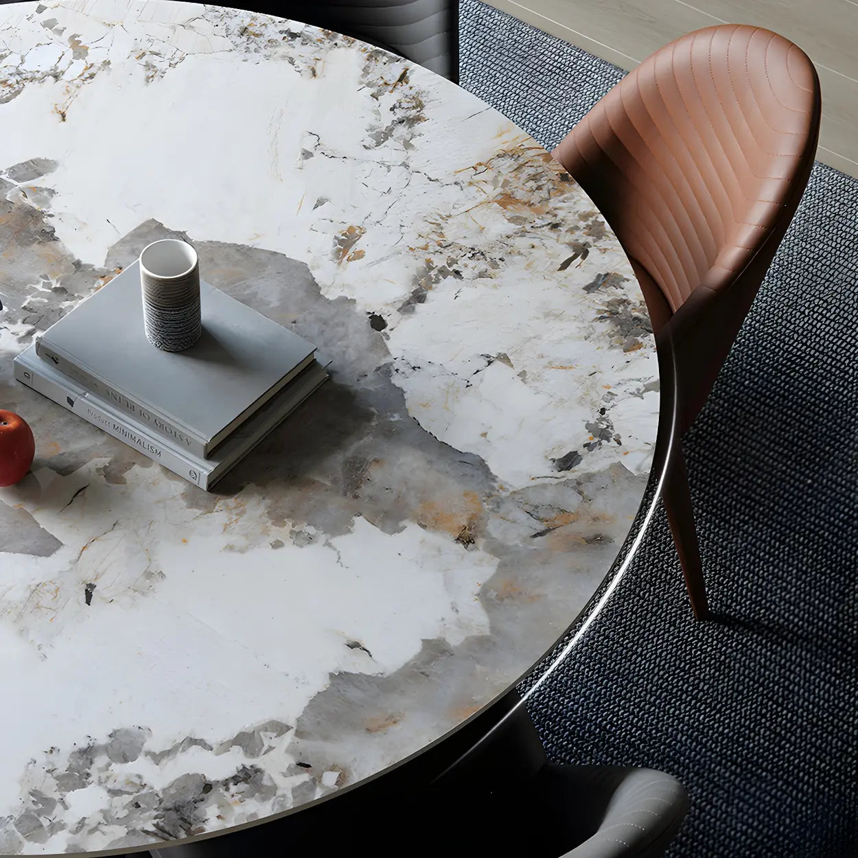 Round Gray Stone Dining Table with Wood Base