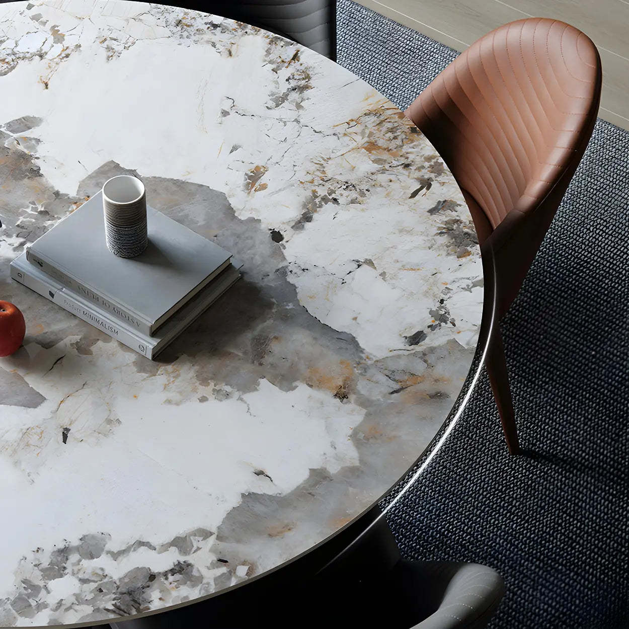 Round Gray Stone Dining Table with Wood Base