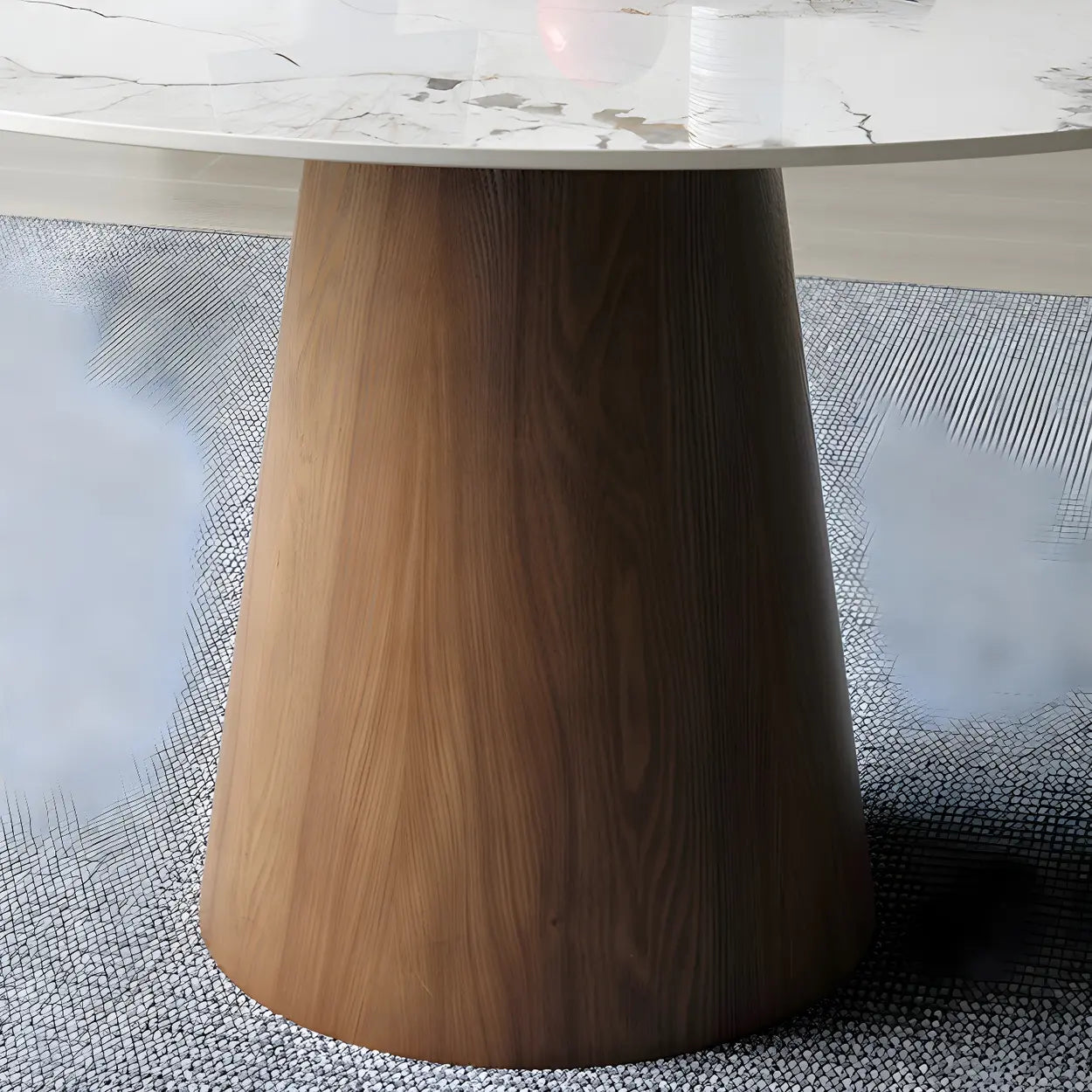 Round Gray Stone Dining Table with Wood Base