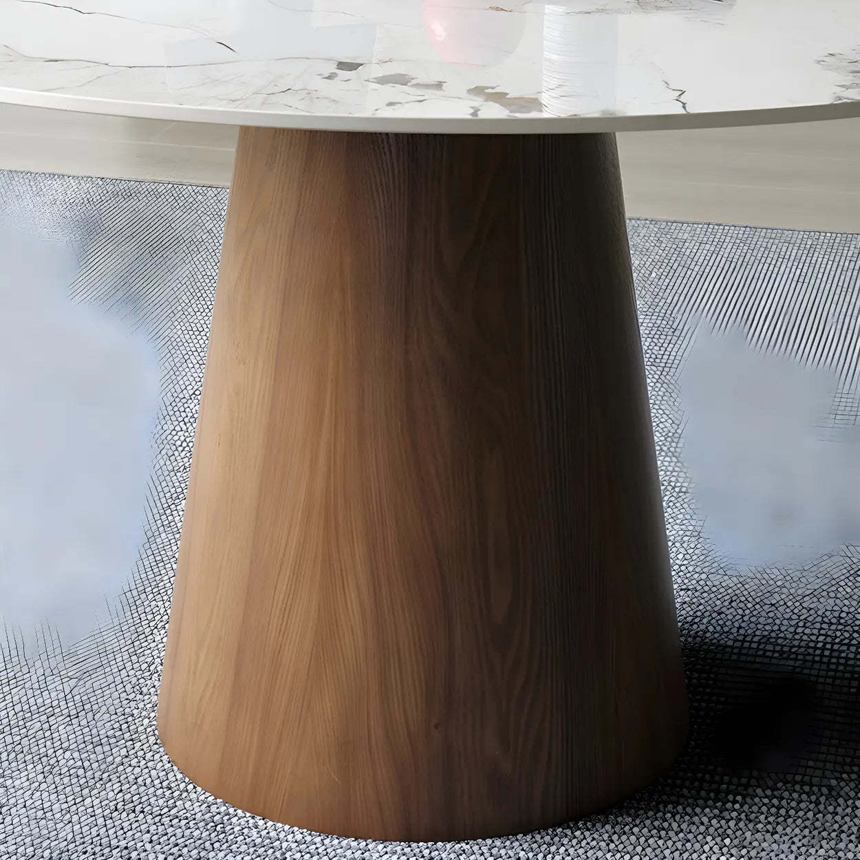 Round Gray Stone Dining Table with Wood Base