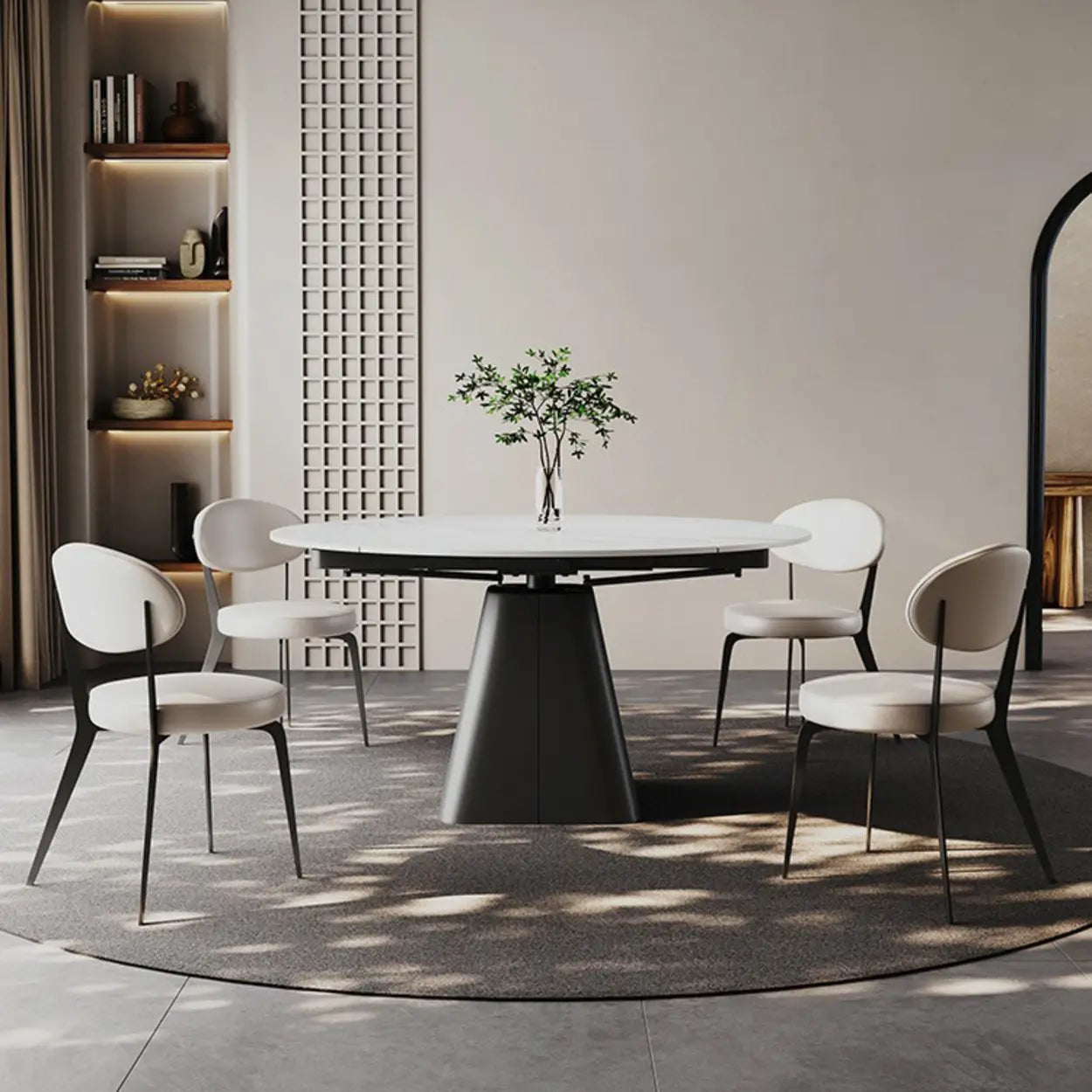 Modern Round White Stone Extendable Pedestal Dining Table — Table Only