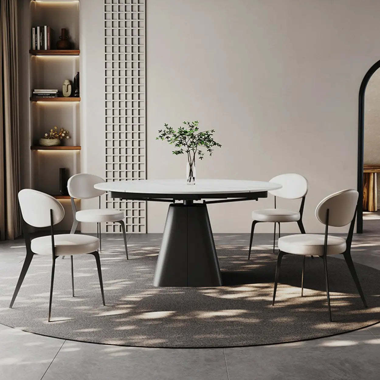 Modern Round White Stone Extendable Pedestal Dining Table — Table Only