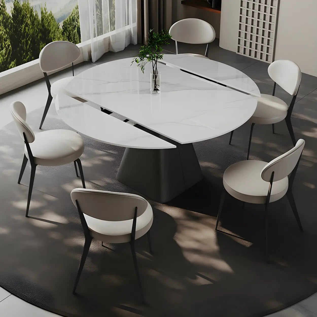 Modern Round White Stone Extendable Pedestal Dining Table