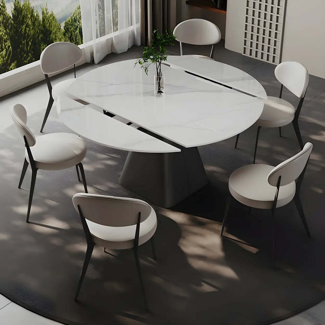 Modern Round White Stone Extendable Pedestal Dining Table