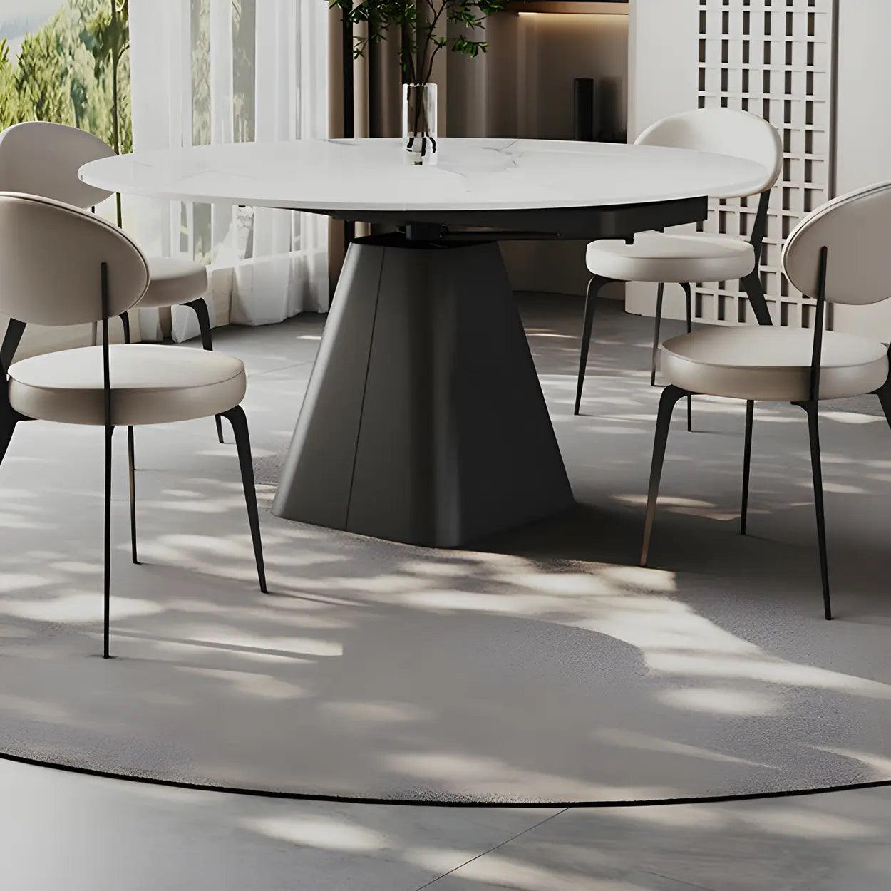 Modern Round White Stone Extendable Pedestal Dining Table