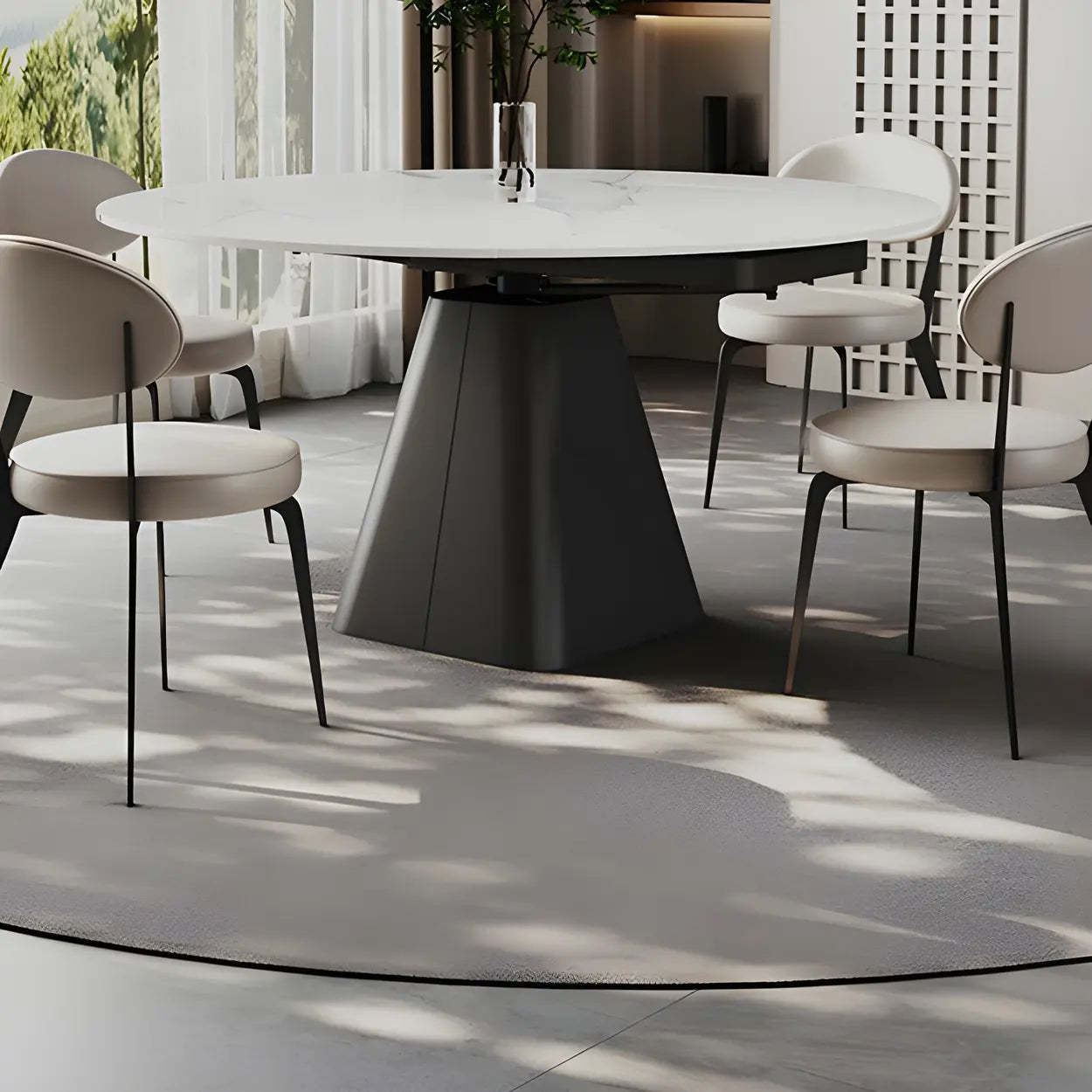 Modern Round White Stone Extendable Pedestal Dining Table