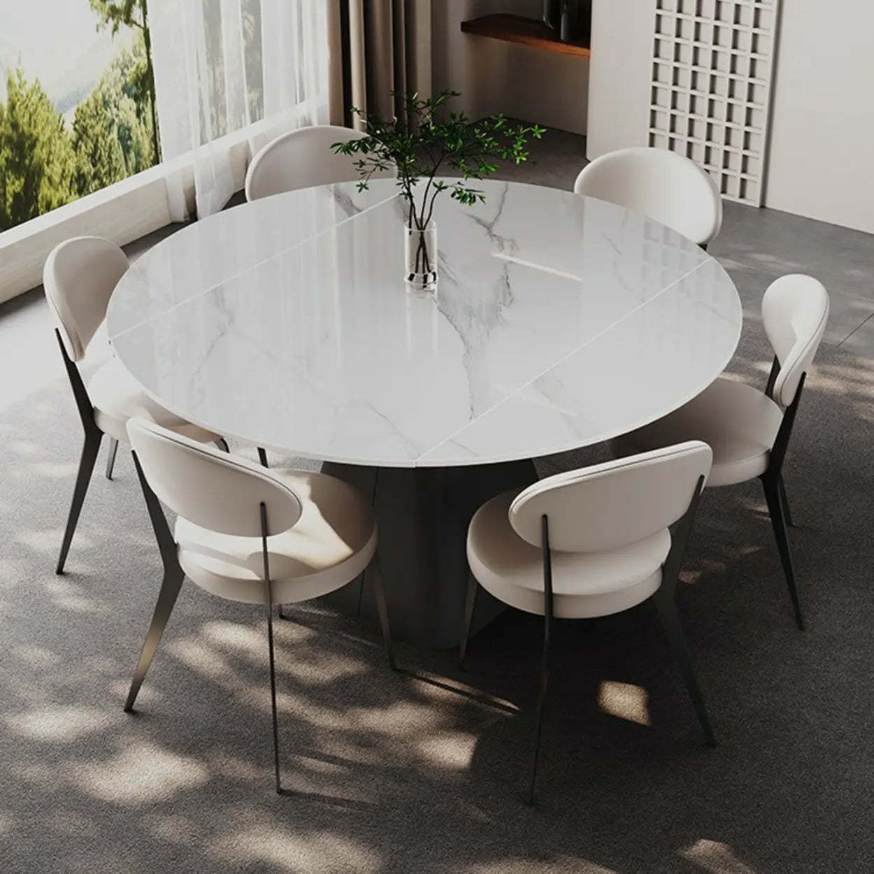 Modern Round White Stone Extendable Pedestal Dining Table — Table Only