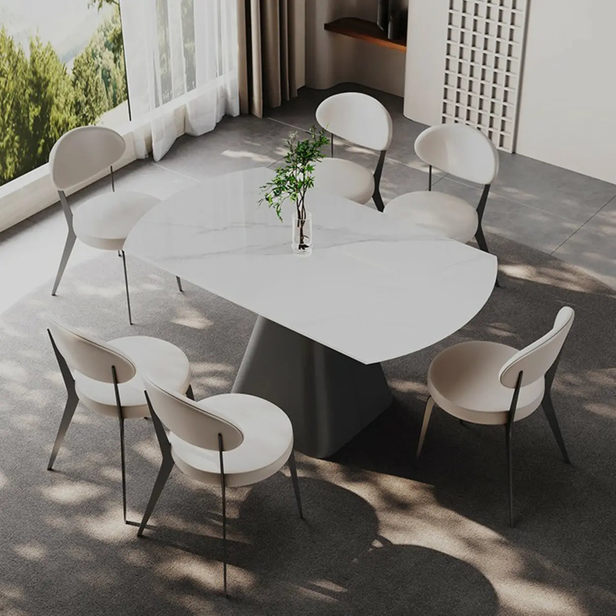 Modern Round White Stone Extendable Pedestal Dining Table — Table Only
