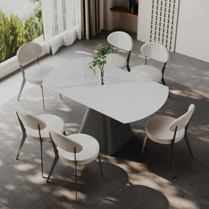 Modern Round White Stone Extendable Pedestal Dining Table — Table Only