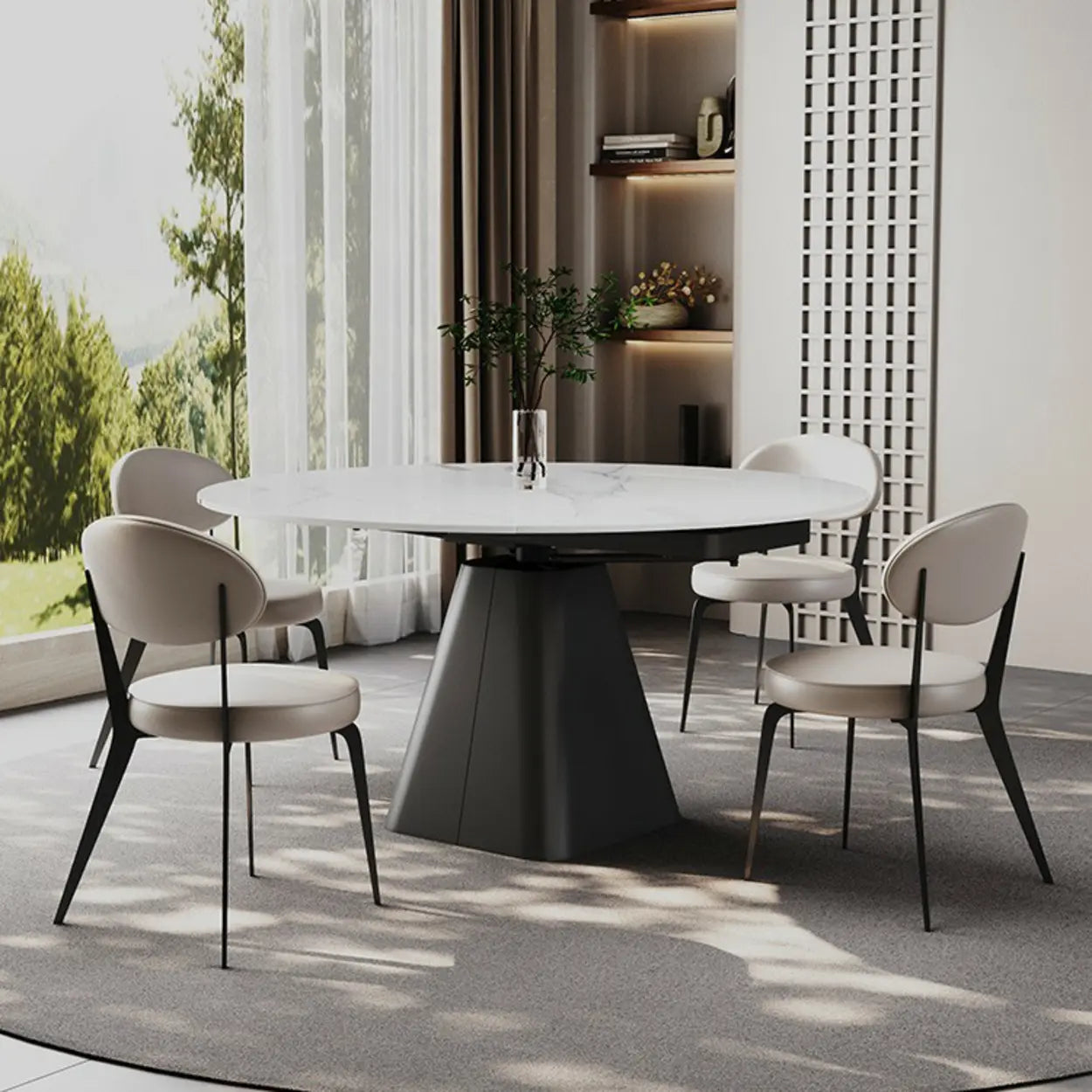 Modern Round White Stone Extendable Pedestal Dining Table — Table Only