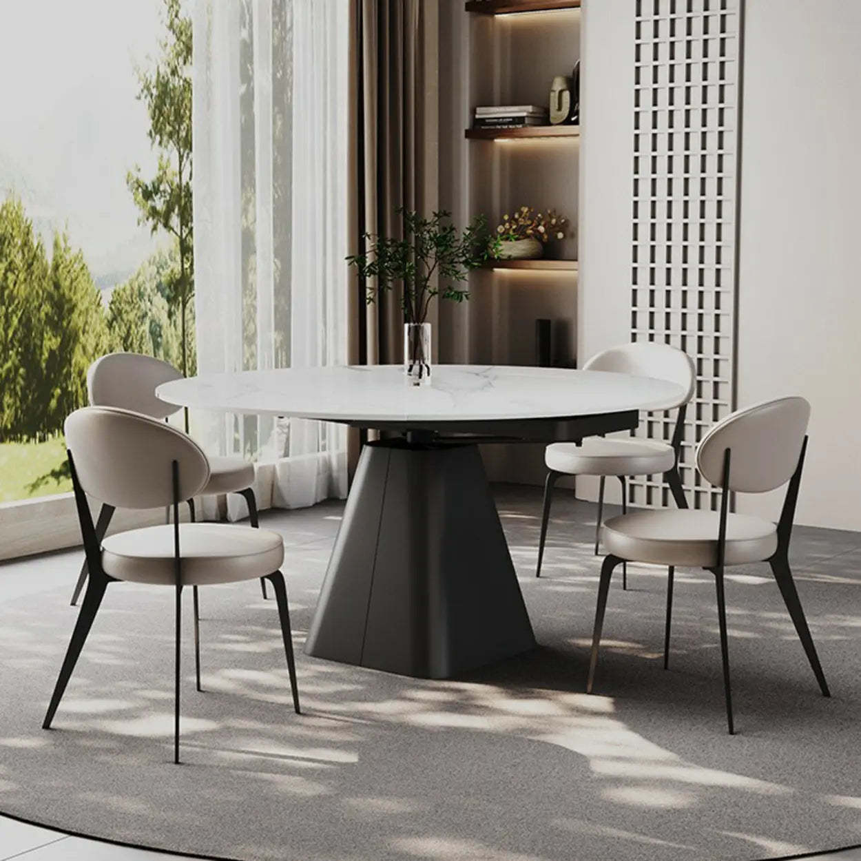 Modern Round White Stone Extendable Pedestal Dining Table — Table Only