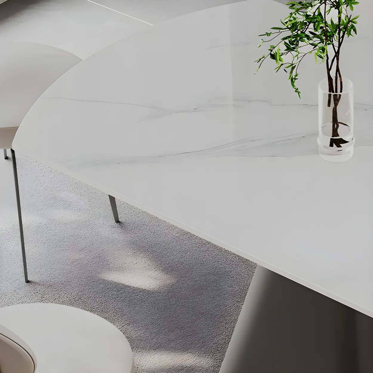 Modern Round White Stone Extendable Pedestal Dining Table