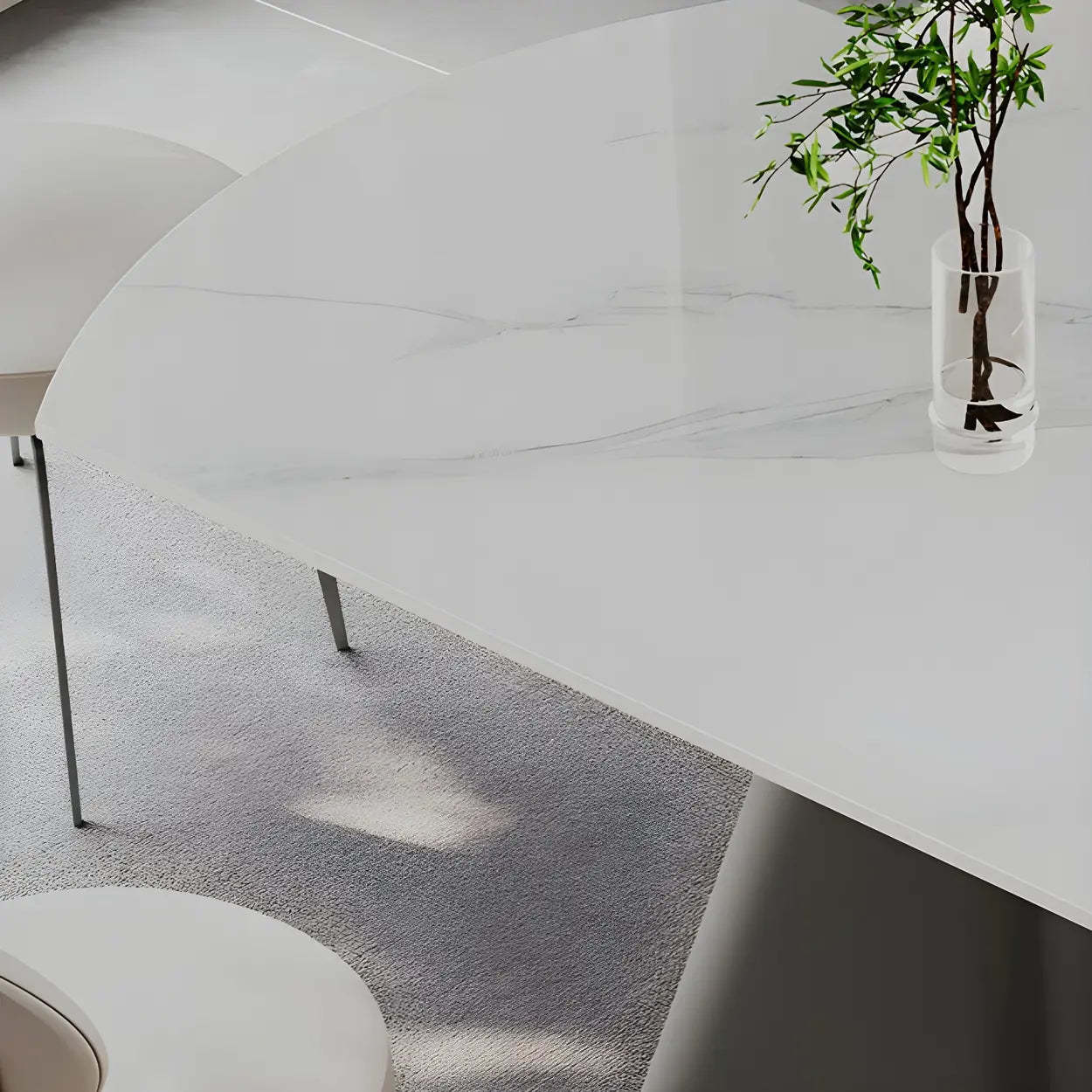 Modern Round White Stone Extendable Pedestal Dining Table