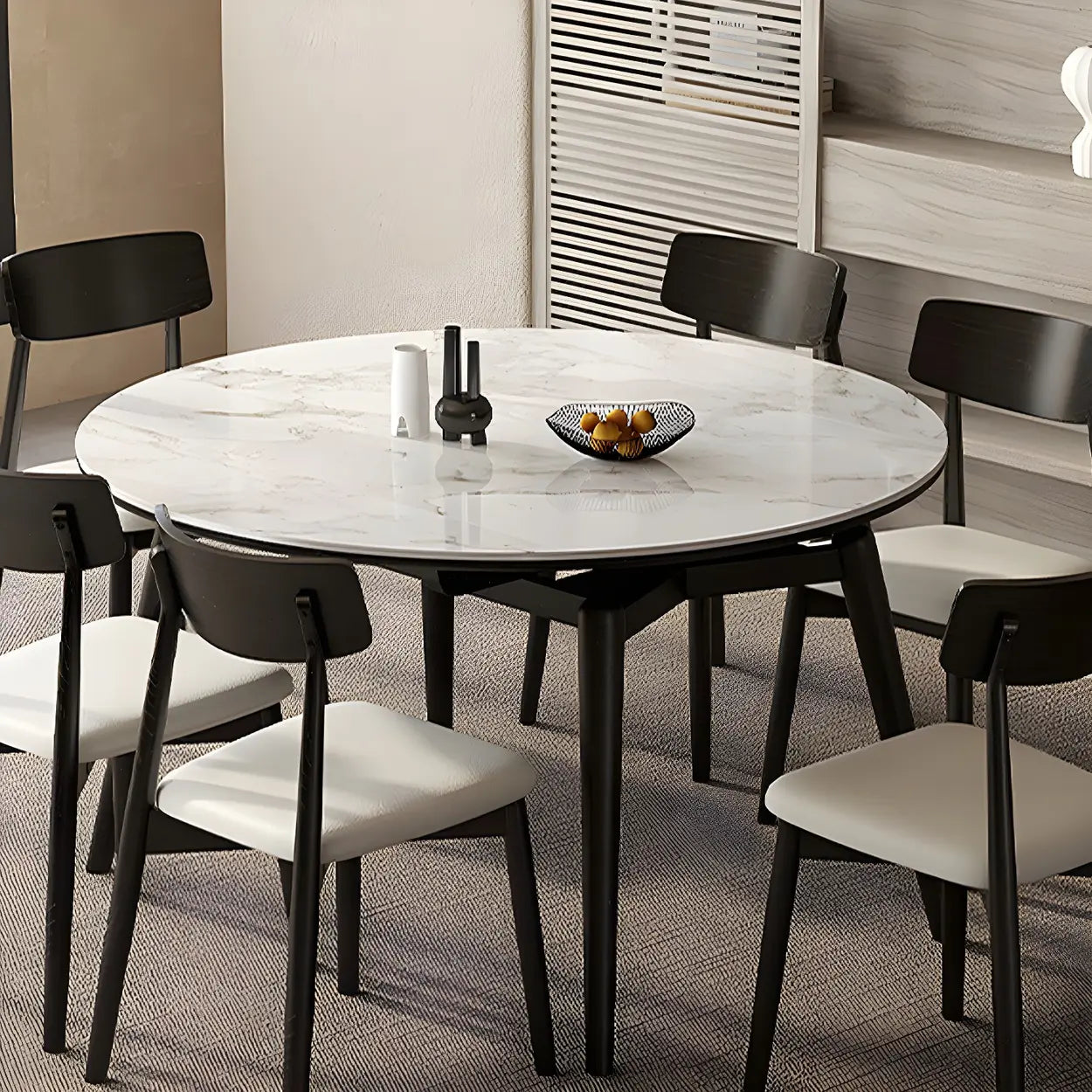 Modern White Stone Oak-Base Round Extendable Dining Table
