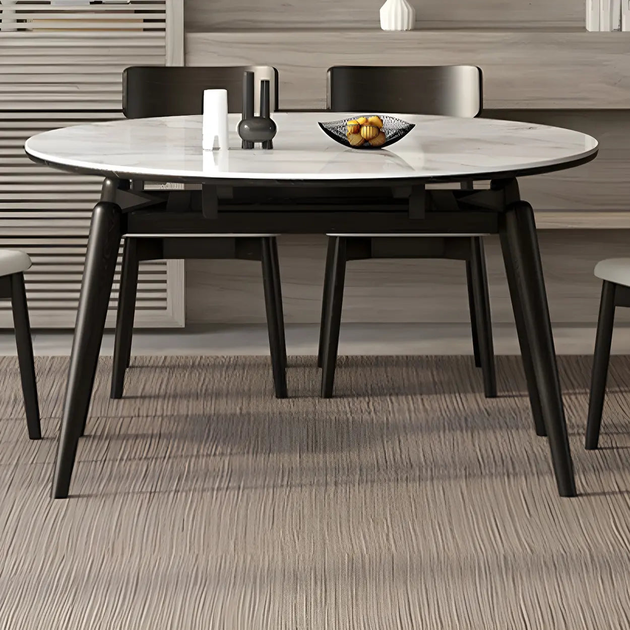 Modern White Stone Oak-Base Round Extendable Dining Table — White / Table Only