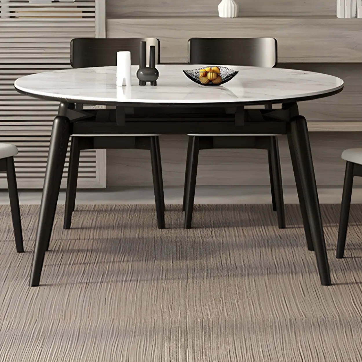 Modern White Stone Oak-Base Round Extendable Dining Table — White / Table Only